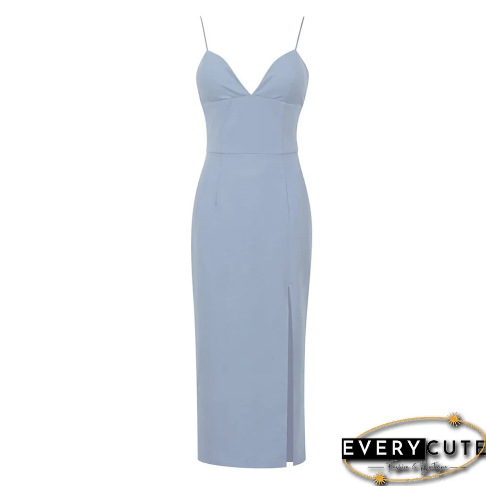 Grey-bluish Cotton Blend Knit Split Bodycon Dress