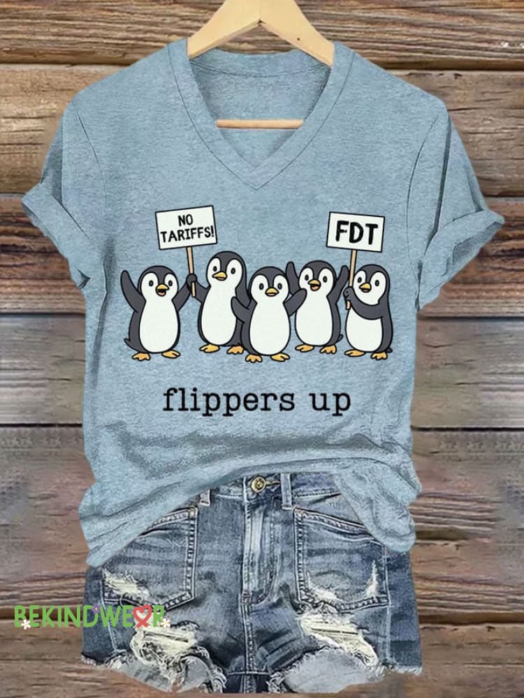 Women&rsquo;s Penguins Flippers Up Printed V Neck T-shirt Sky Blue / S