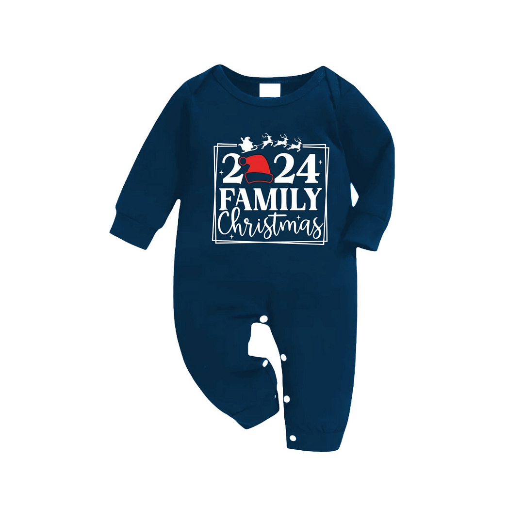 "2024 FAMILY CHRISTMAS" Text and Sleigh Pattern - Blue Long Sleeve Top With Blue Plaid Family Matching Pajamas