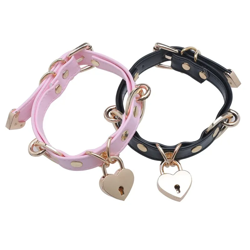 Billionm Handmade High Qulity Sexy Pu Hooker Punk Rock With Metal  Heart Lock Leather Necklace Bdsm Bondage Choker Sex Toys For Women