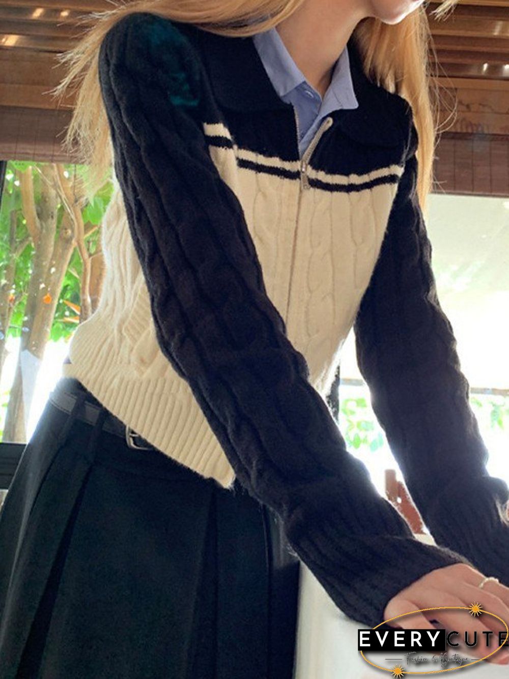 Color Block Cable Knit Zip Up Cardigan