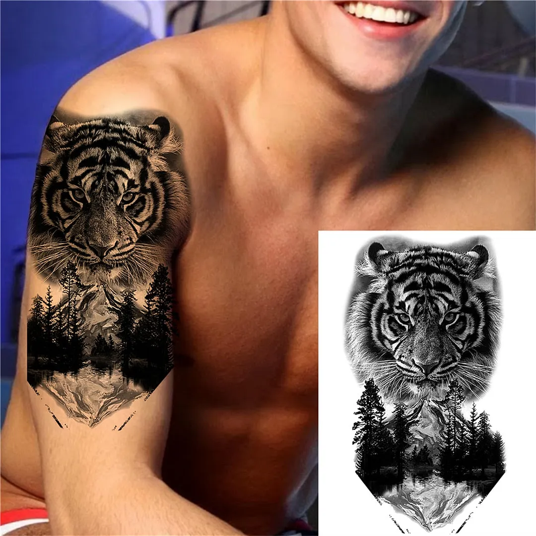 3D Lion Tiger Temporary Tattoos For Men Women Adult Black Wolf Tattoo Sticker Realistic Fake Bear Mountain Disposable Tatoo Body