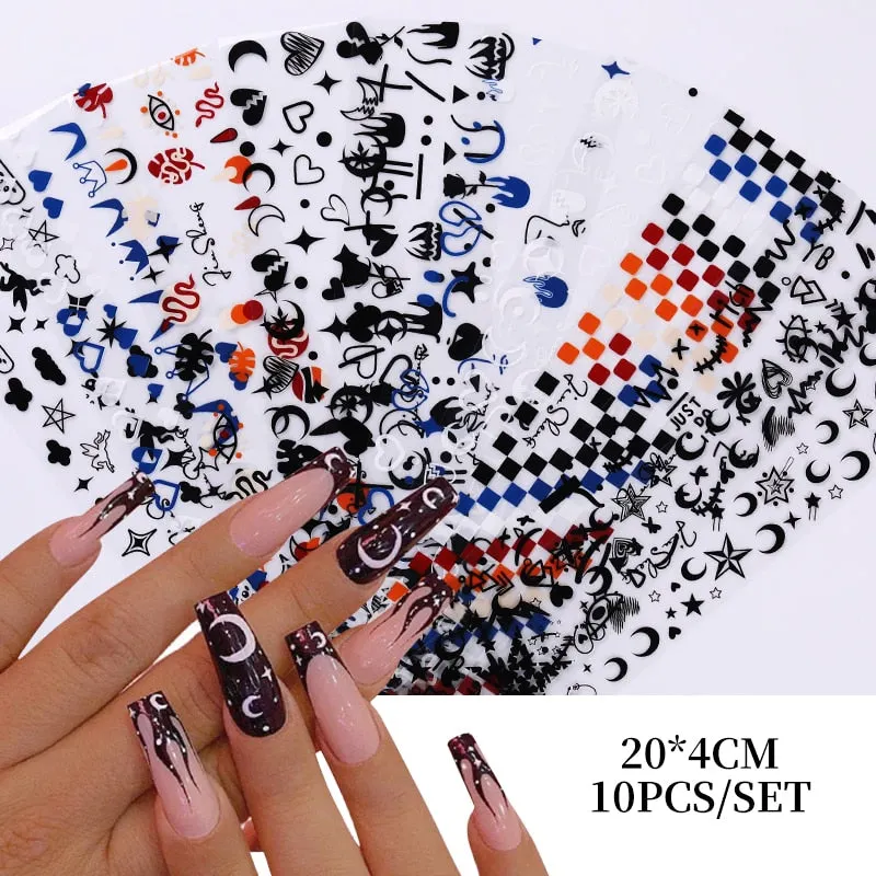 10Pcs/Bag Nail Art Transfer Foil Sticker Abstract Image Blue French Tip Wraps Adhesive Decals Nails Decoration Accessories-Nail Inspo