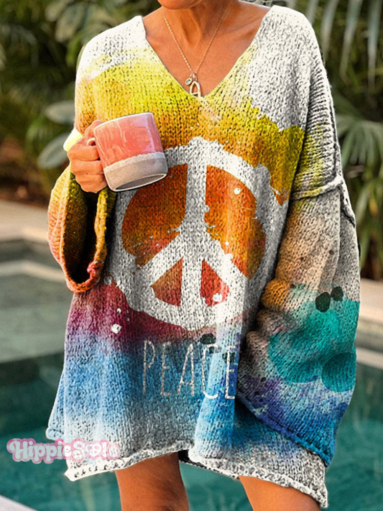 Women&rsquo;s Peace And Love Art Print Casual Pullover Sweater Multicolor / M