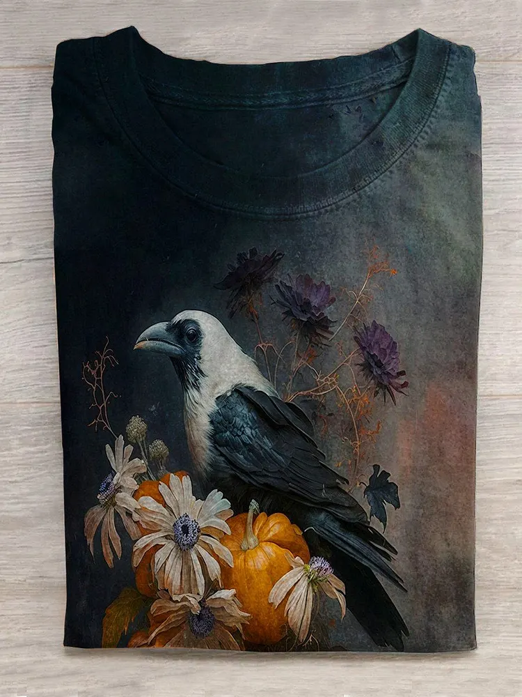 Unisex Halloween Raven Print Casual T-Shirt
