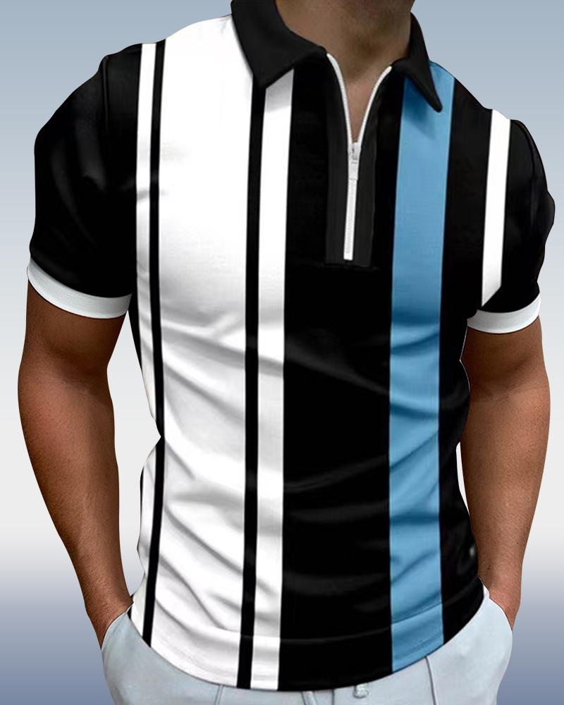 - Men's Vertical Stripe Short Sleeve Polo Shirt 001