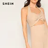 SHEIN Khaki Twist Cutout Front Wide Leg Halter Sleeveless Jumpsuit Women Mid Waist Wide Leg Highstreet Summer Slim Jumpsuits