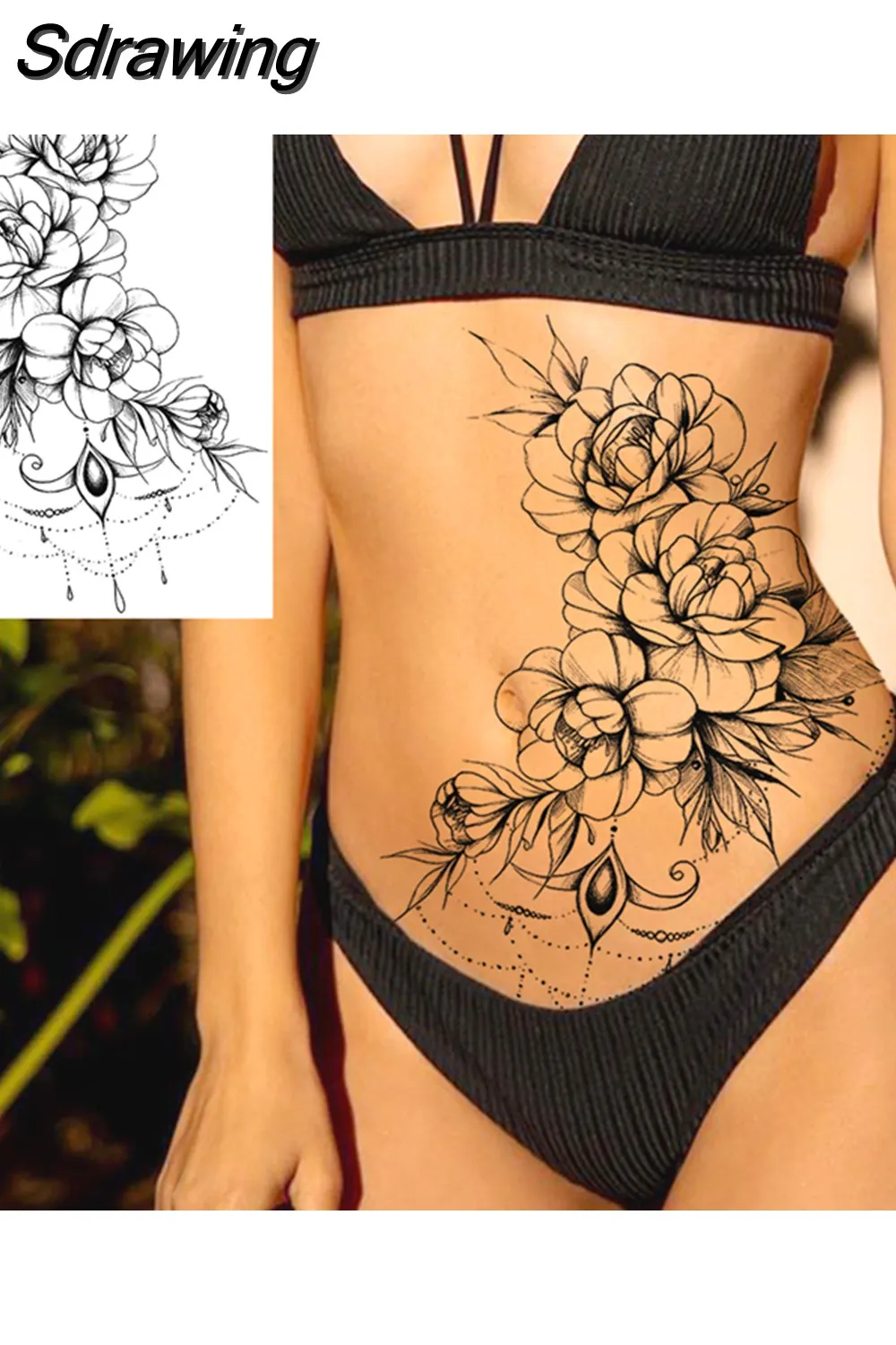Sdrawing Peony Flower Temporary Tattoos For Women Adults Realistic Compass Moon Pendant Fake Tattoo Sticker Arm Body Tatoos 507-1