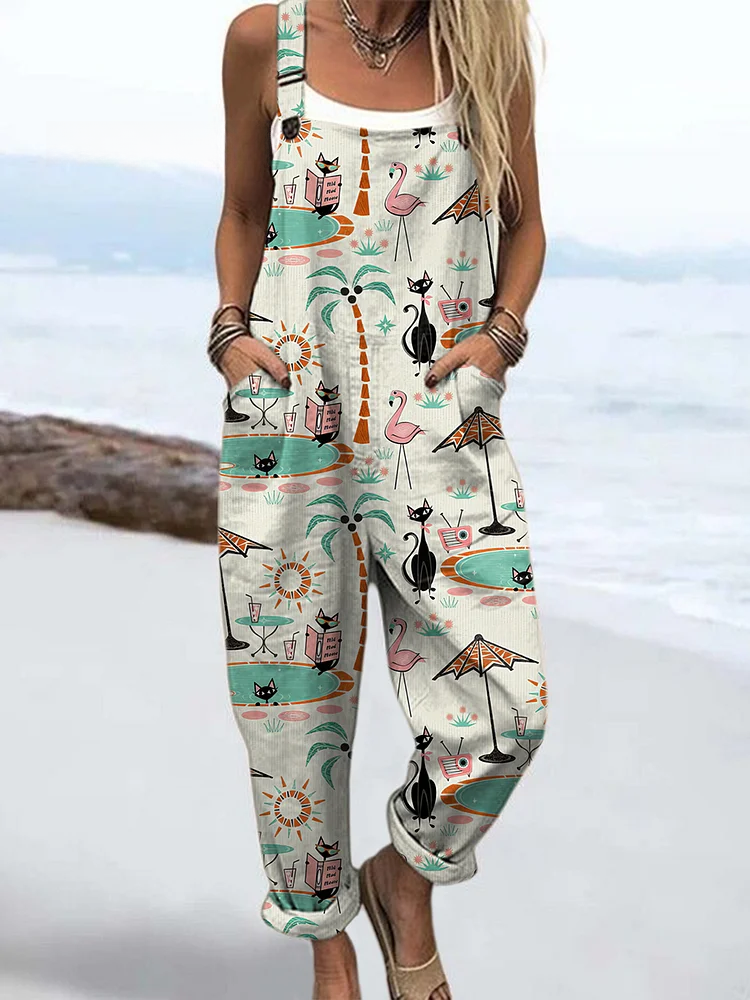Women's Retro Vacation Hawaii Black Cat Art Print Casual Wide Leg Jumpsuit