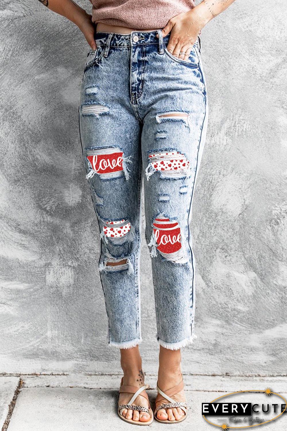 Love Heart Print Patchwork Distressed High Rise Jeans