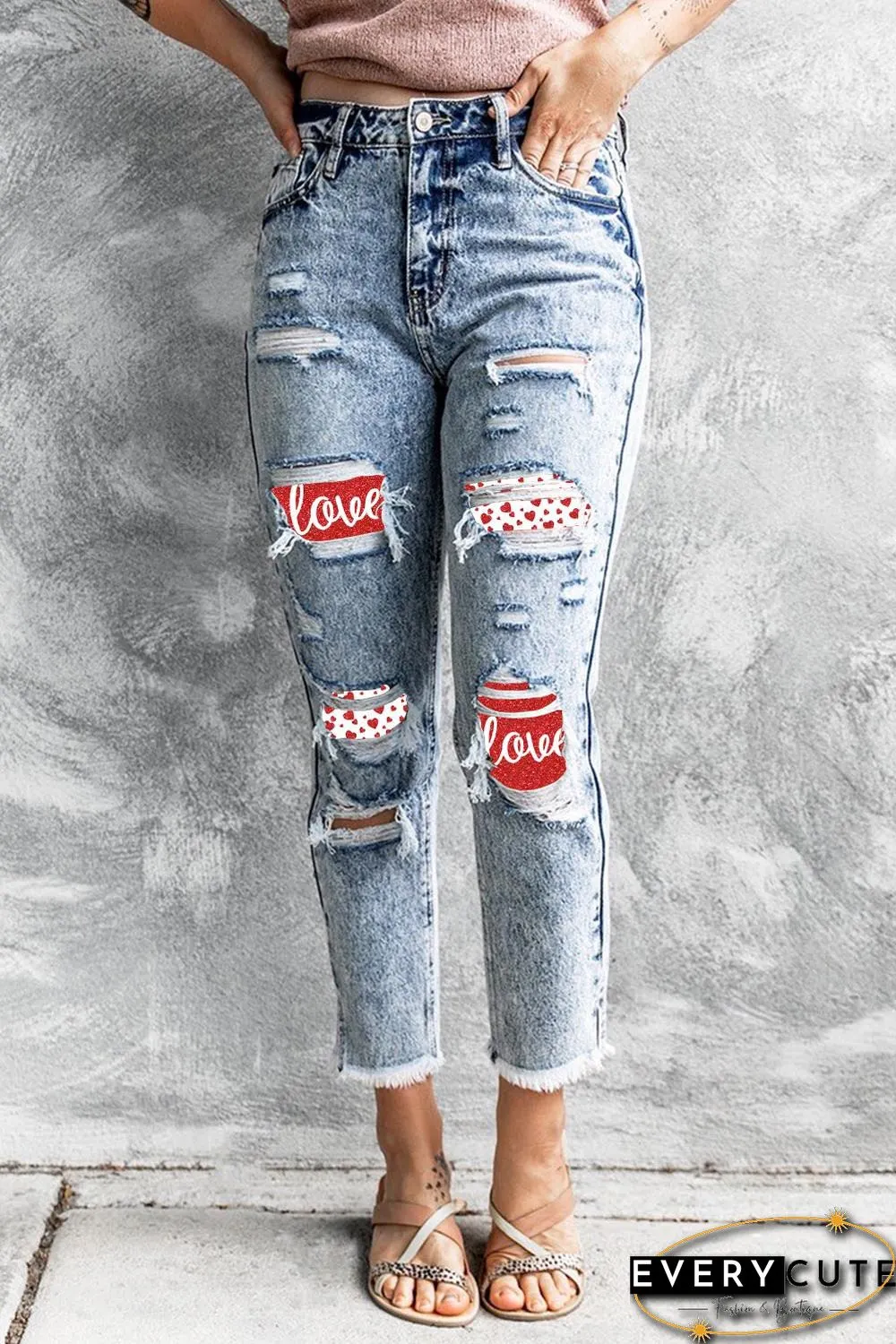 Love Heart Print Patchwork Distressed High Rise Jeans