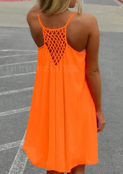 CUHAKCI Chiffon Mini Dress Women Summer Beach Sleeveless Fluorescence Female Clothing Loose