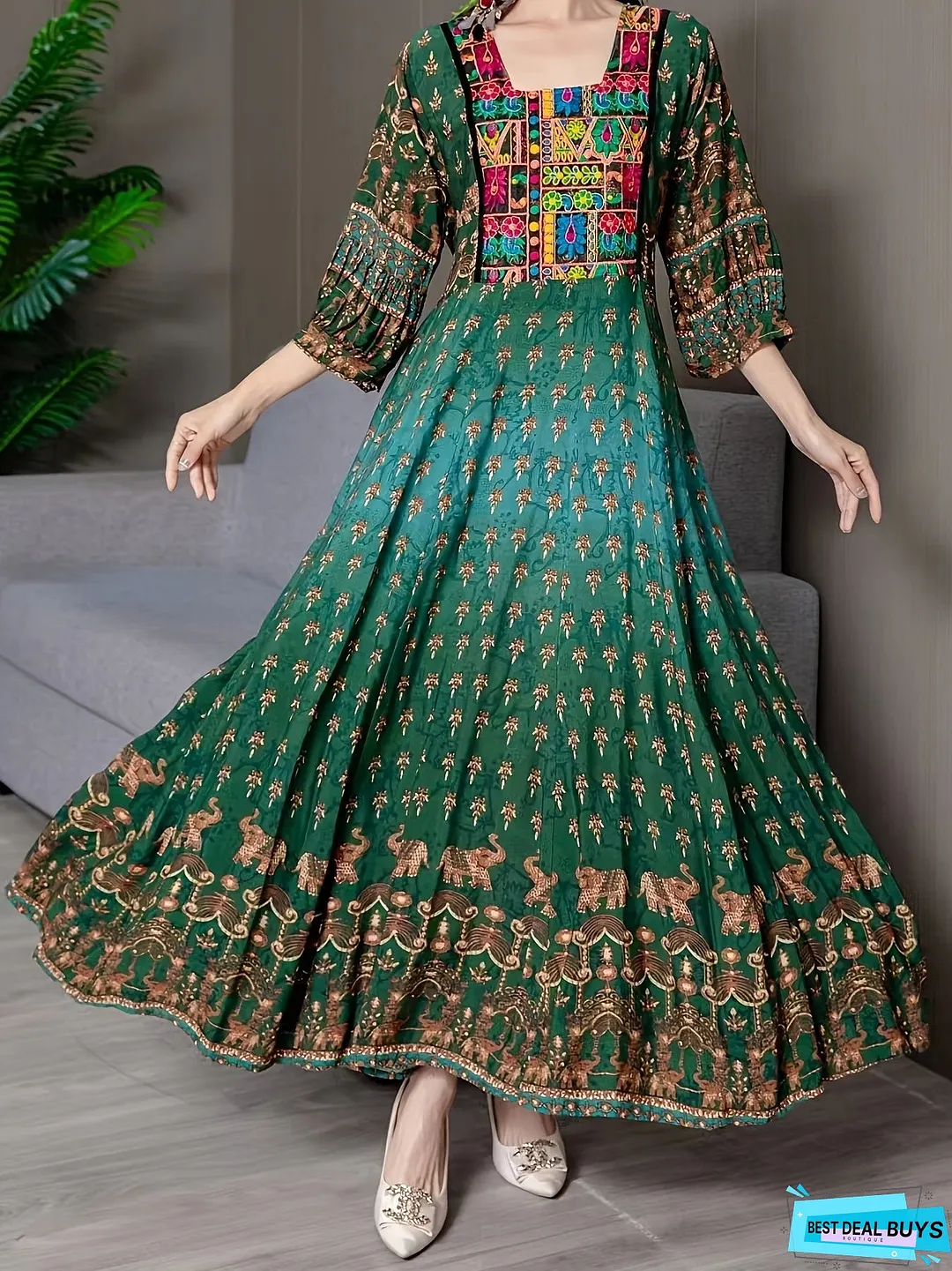 Ethnic Floral Pattern Maxi Dress, Boho Square Neck 3/4 Sleeve Dress, Women's Clothing