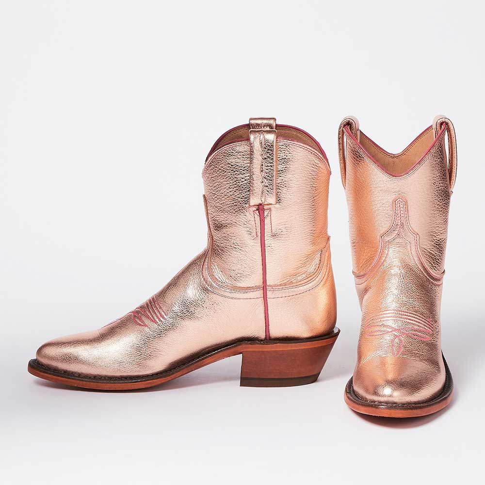 Pink Metallic Finish Embroidered Chunky Heel Cowgirl Ankle Boots