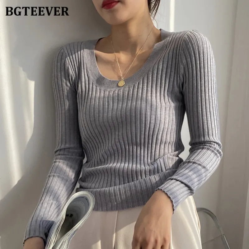 BGTEEVER Autumn Deep O-neck Women Basic Slim Warm Knitted Tops Casual Skinny Stretch Long Sleeve Female Pullover Sweaters 2020