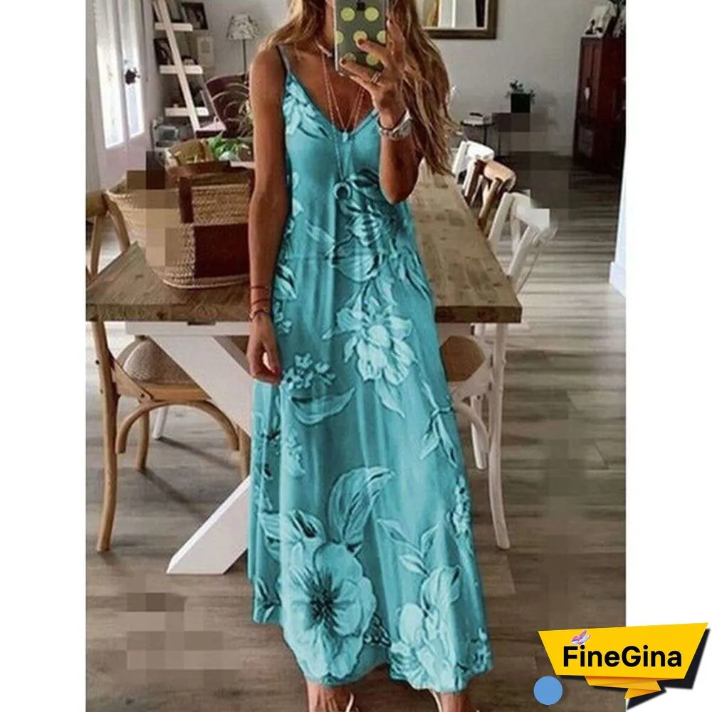 S-8XL Plus Size Vrouwen Maxi Jurk Zomer Casual Sexy Boho Gedrukt Lange Jurk Mouwloze V-hals Kleding Jurk Losse Vestido