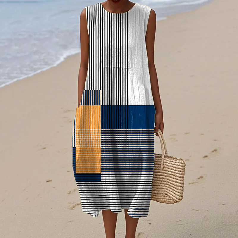 Comstylish Women's Vintage Striped Art Print Linen Tank Dress