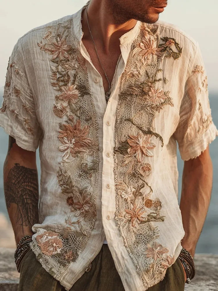 Boho Floral Lace Embroidered Men's Linen Short Sleeve Shirt