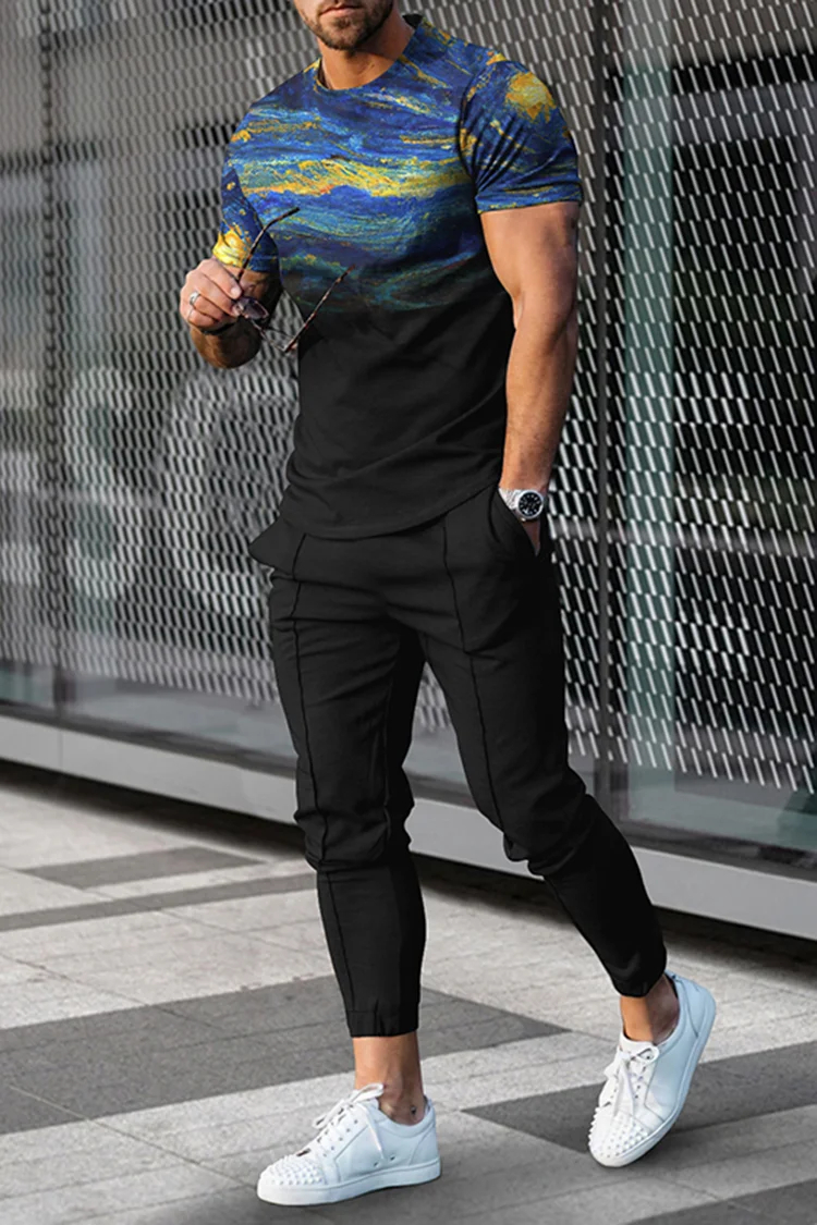 Fashion Men's Oil Painting Gradient Casual Short Sleeve T-Shirt And Pants