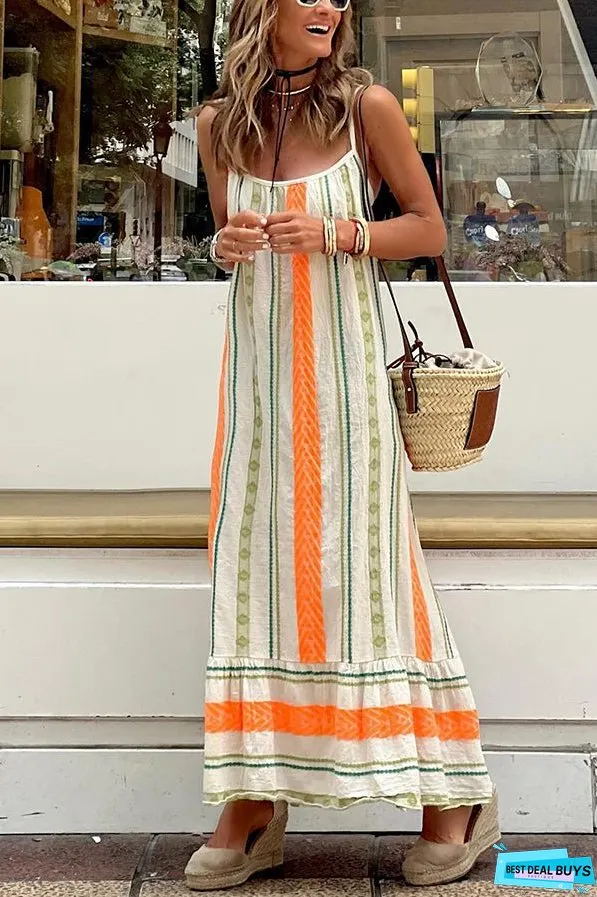 Happy Sunday Linen Blend Ethnic Print A-line Cami Maxi Dress