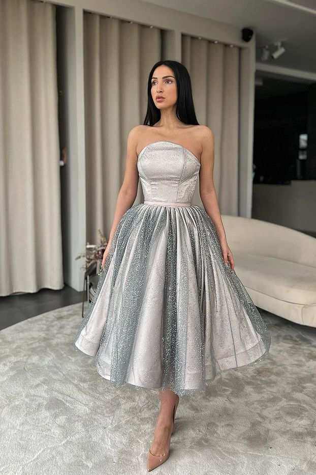 Lussooy Silver Strapless Short A-Line Prom Dress With Sequins 