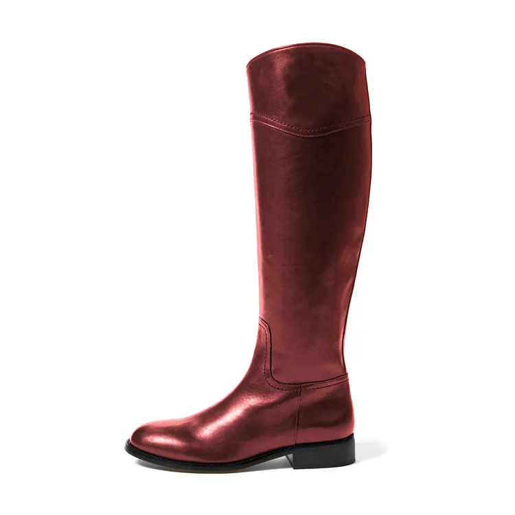 Shiny Red Knee High Flat Riding Boots Round Toe Vegan Leather Vdcoo