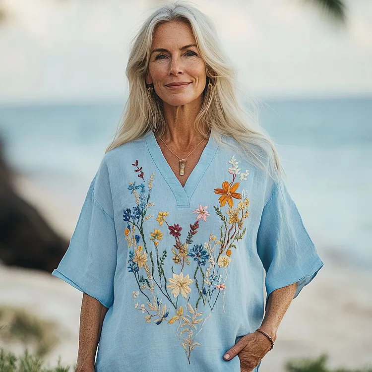 Women's Floral Embroidery Short Sleeve V Neck Casual Linen Top