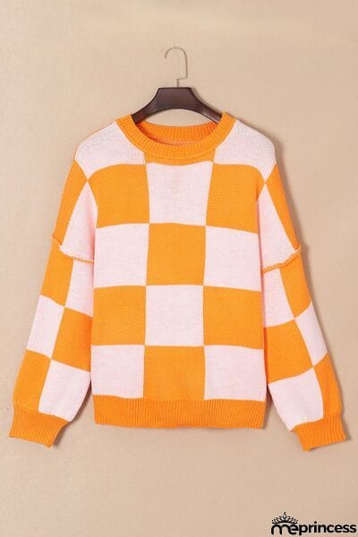 Checkered Exposed Seam Drooped Shoulder Sweater