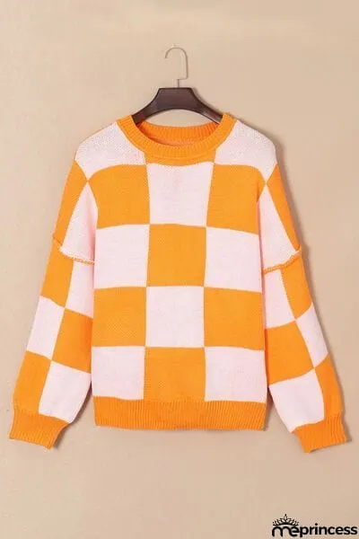 Checkered Exposed Seam Drooped Shoulder Sweater