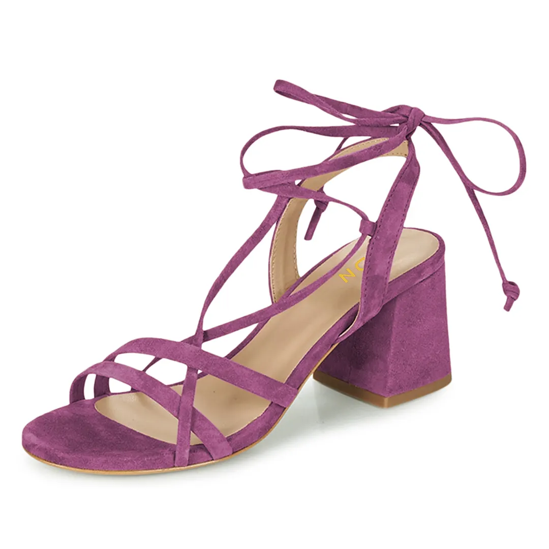 Women's Purple Faux Suede Round Toe Lace-Up Sandals with Block Heel