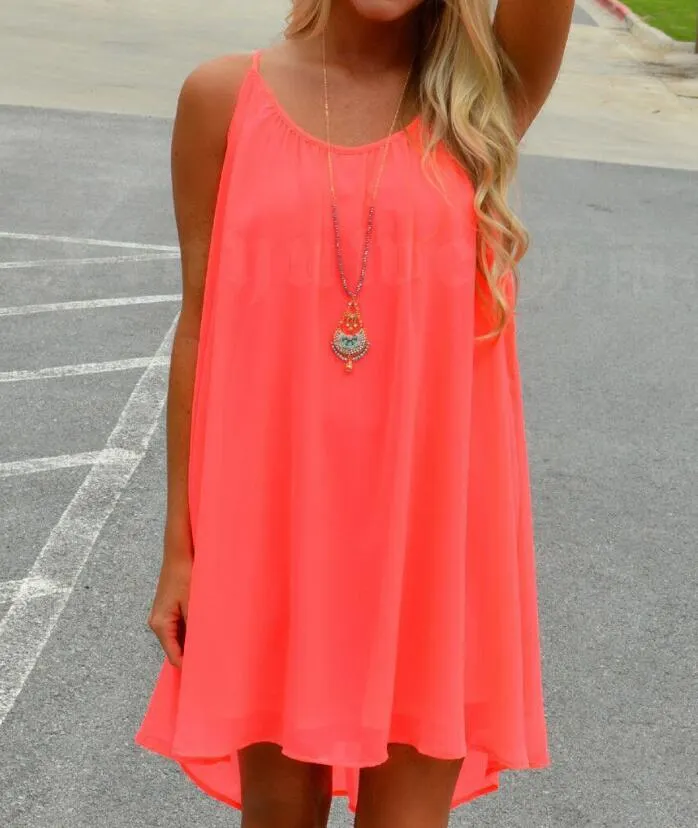 CUHAKCI Chiffon Mini Dress Women Summer Beach Sleeveless Fluorescence Female Clothing Loose