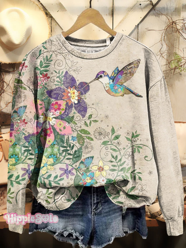 Floral And Bird Art Print Casual Sweatshirt Multicolor / S