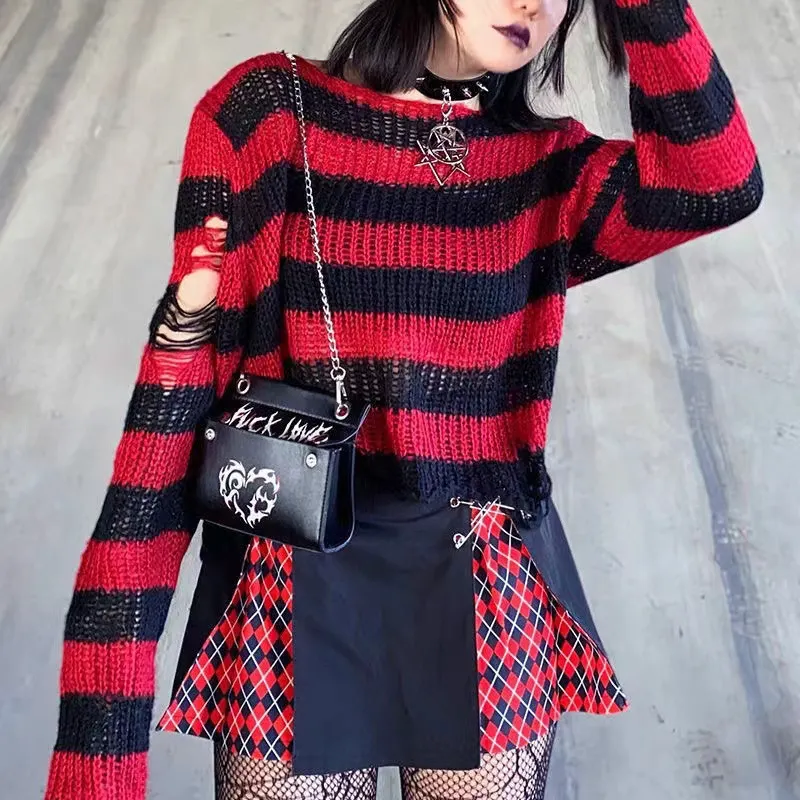 Churchf Churchf Hole Ripped Short Sweater Female Couple Striped Loose Punk Dark Sweater Versatile Knit