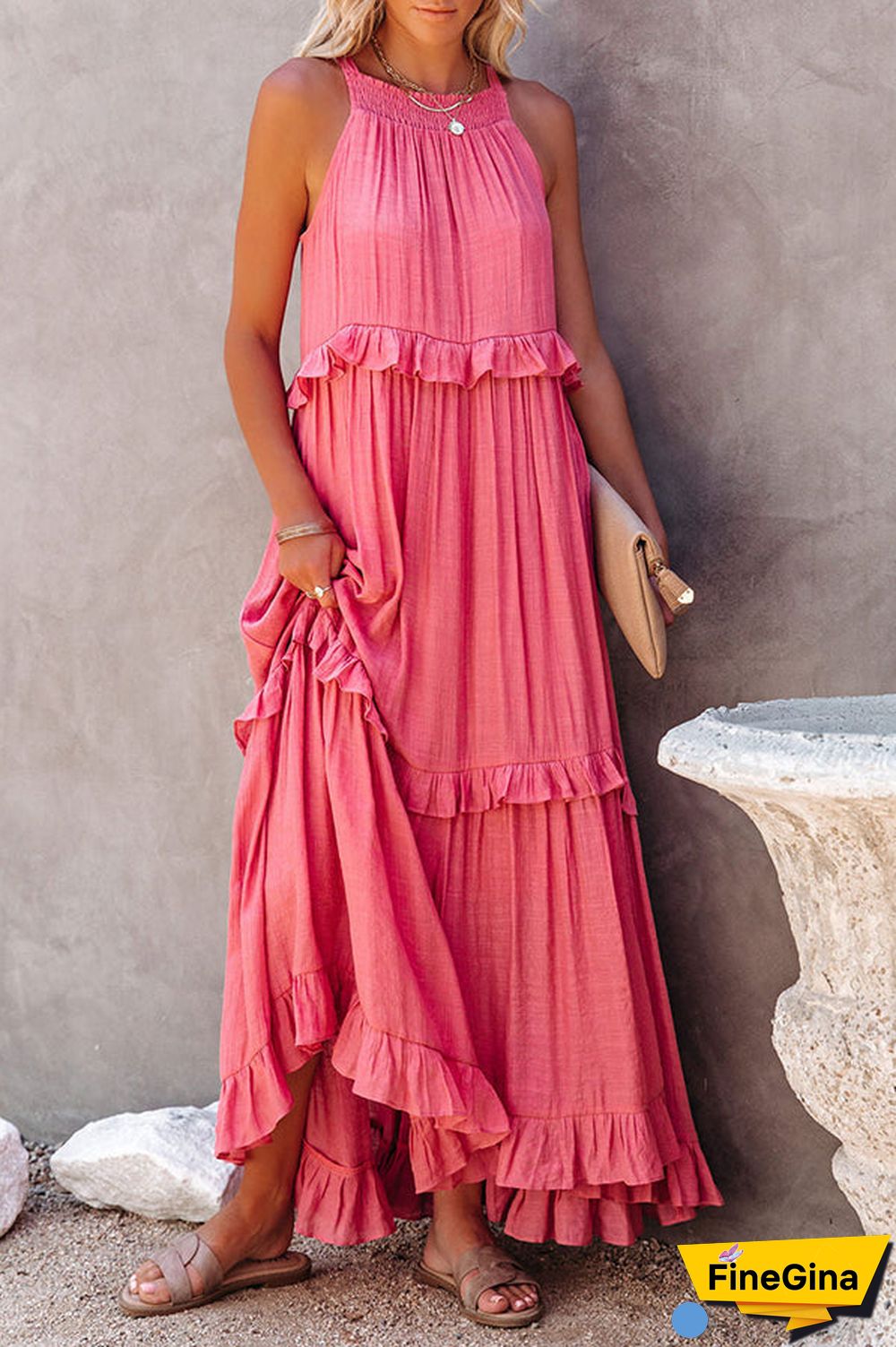 Pocketed Halter Textured Maxi Dress