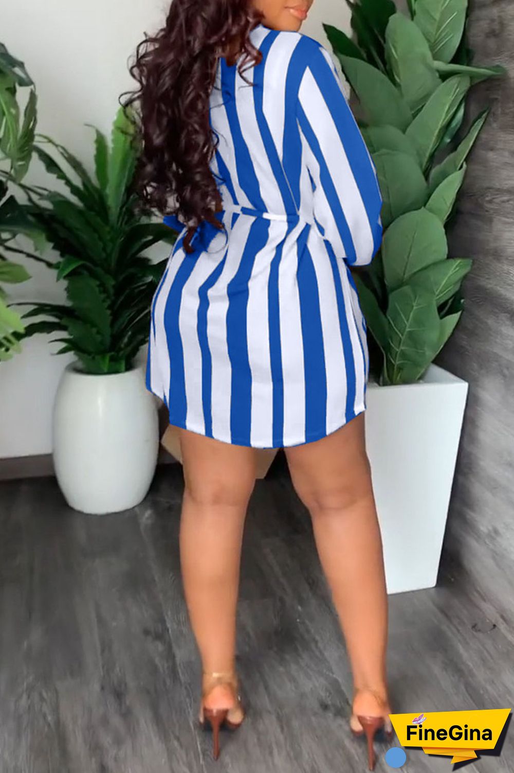 Brown Fashion Casual Striped Print Bandage Patchwork With Belt V Neck Straight Dresses