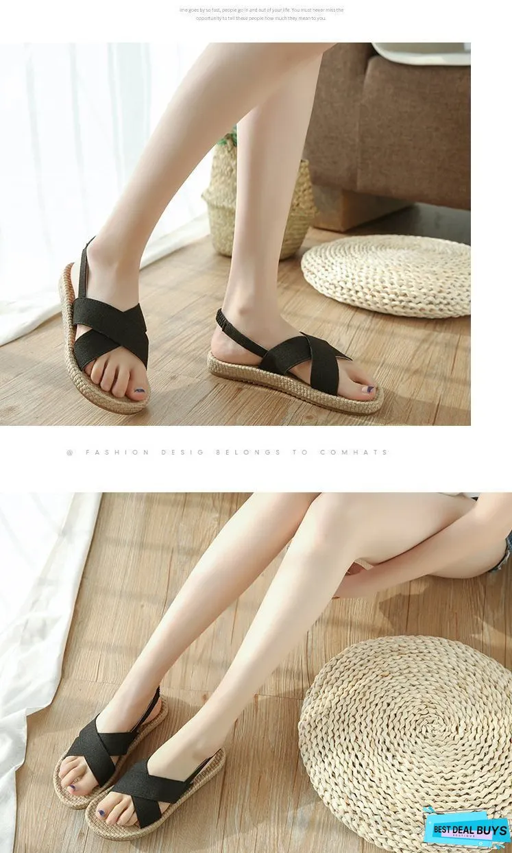 Beach Open Toe Linen Flat Sandals