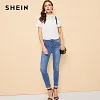 SHEIN White Lace Insert Flower Applique Keyhole Back Solid Top Blouse Women Office Lady Short Sleeve Summer Elegant Blouses
