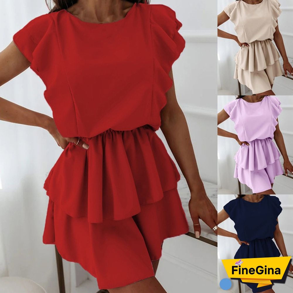 Summer Women's Fashion Solid Color Mini Dress O-Neck Ruffle Short Sleeve Dresses