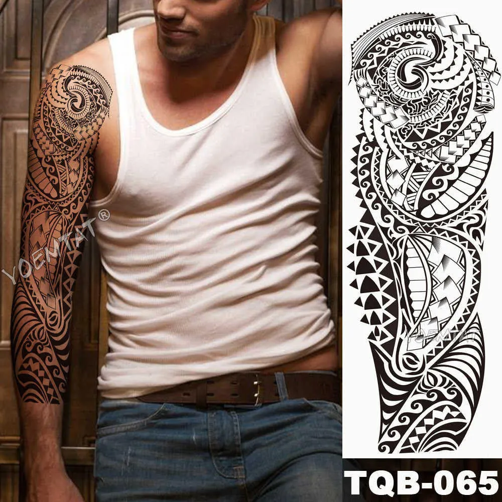 Large Arm Sleeve Tattoo Sketch Lion Tiger Waterproof Temporary Tattoo Sticker Crow Warrior Soldier Men Full Skull Totem Tattoo