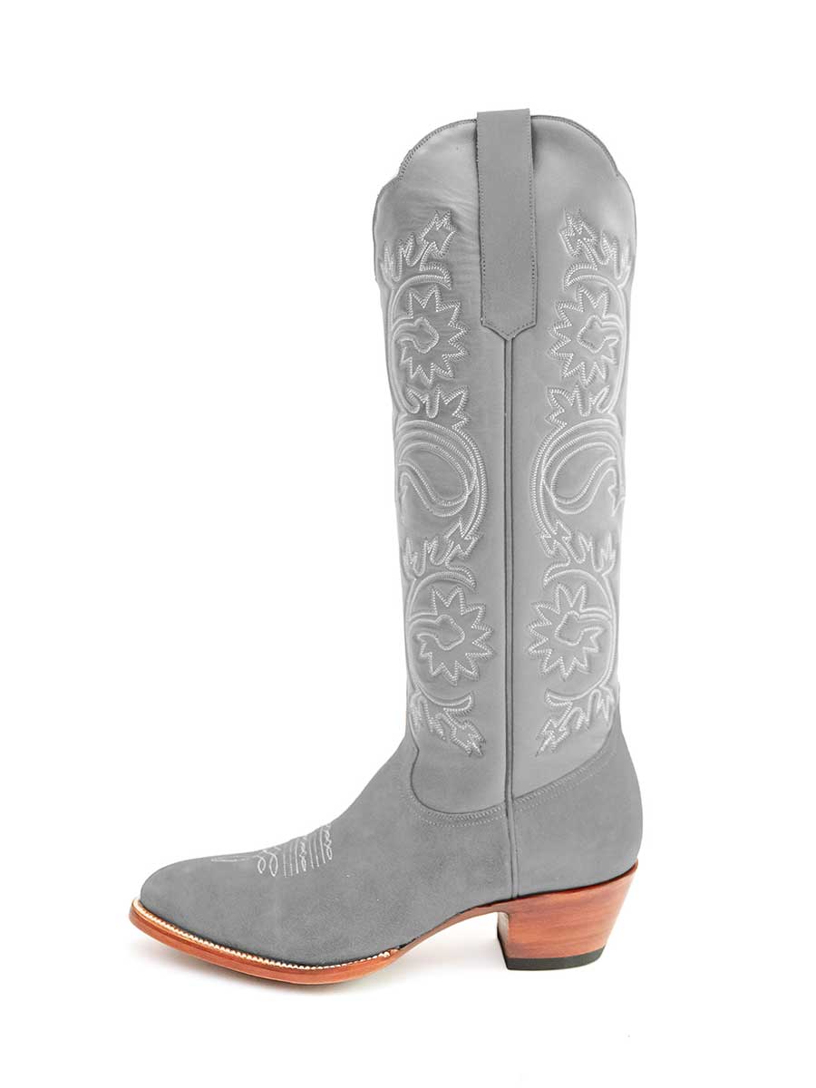 Grey Chunky Heel Embroidered Knee Wide-Calf Western Boots for Women