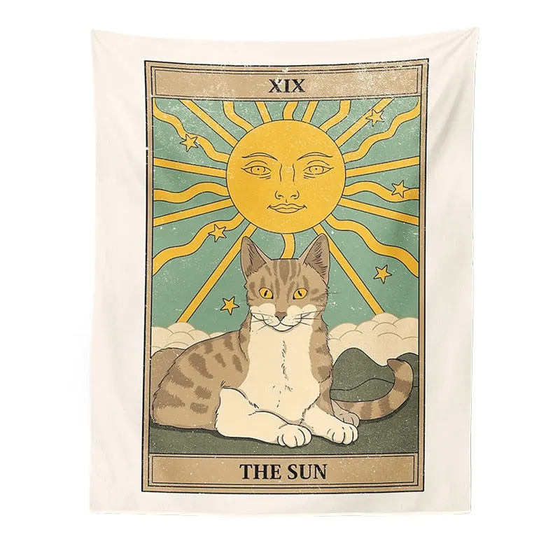 Cat Divination Witchcraft Tarot Card Tapestry Wall Hanging Tapestries Baphomet Occult Home Wall Moon phase Mat Decor Cat Coven