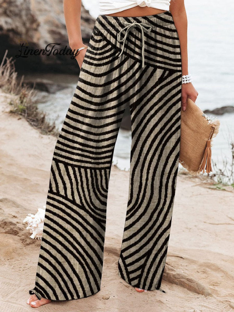 Women&rsquo;s Geometric Hand Drawn Circle Line Pattern Printed Cotton And Linen Casual Pants Multicolor