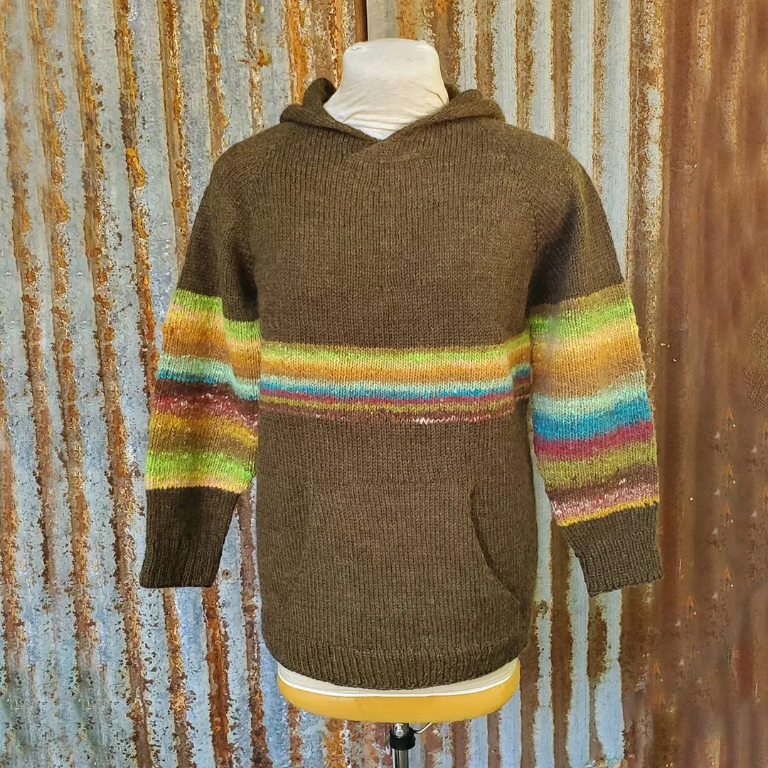 Retro Rainbow Stripes Knitted Icelandic Hooded Sweater