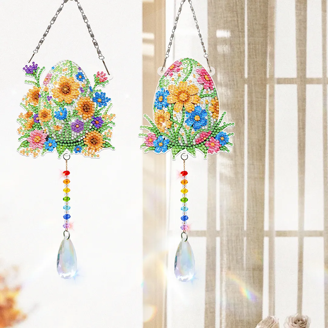 2Pcs Flower Easter Egg DIY Acrylic Diamond Painting Art Wind Chimes with Crystal Pendant Diamond Art Hanging Pendant Double-Sided for Adults Beginners Gift Home Garden Decor