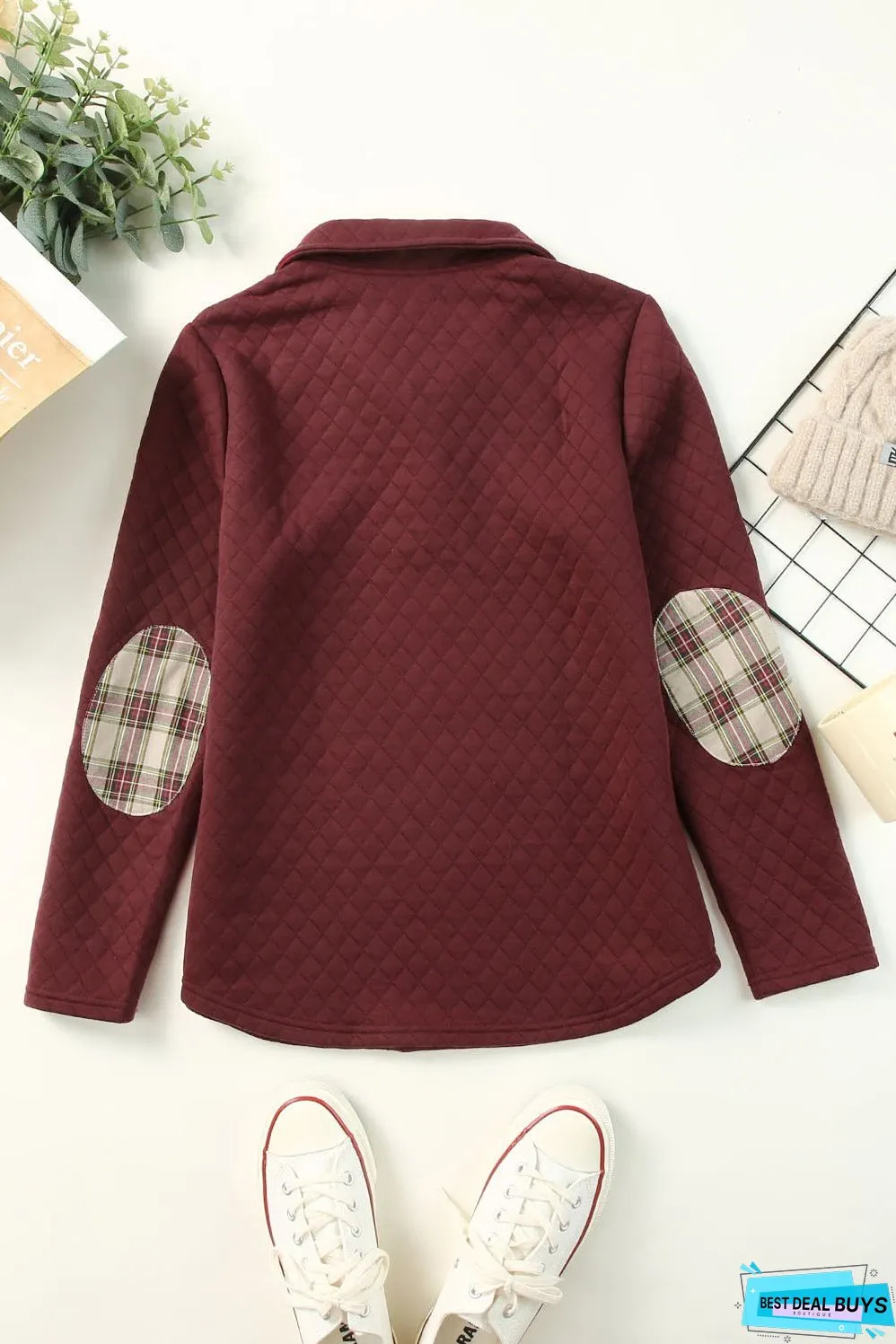 Geometric Texture Plaid Trim Sweatshirt