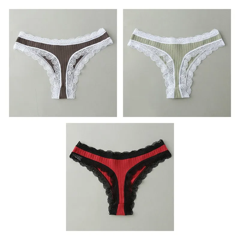 3PCS/Set G-string Panties Cotton Women's Underwear Sexy Panties Female Underpants Thongs Solid Color Sexy Lace Lingerie BANNIROU