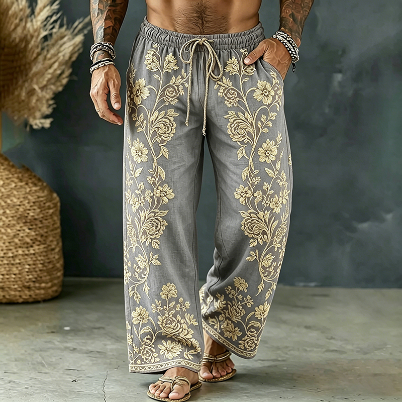 Comstylish Men's Spring Floral Embroidered Art Print Flowy Linen Blend Casual Pants