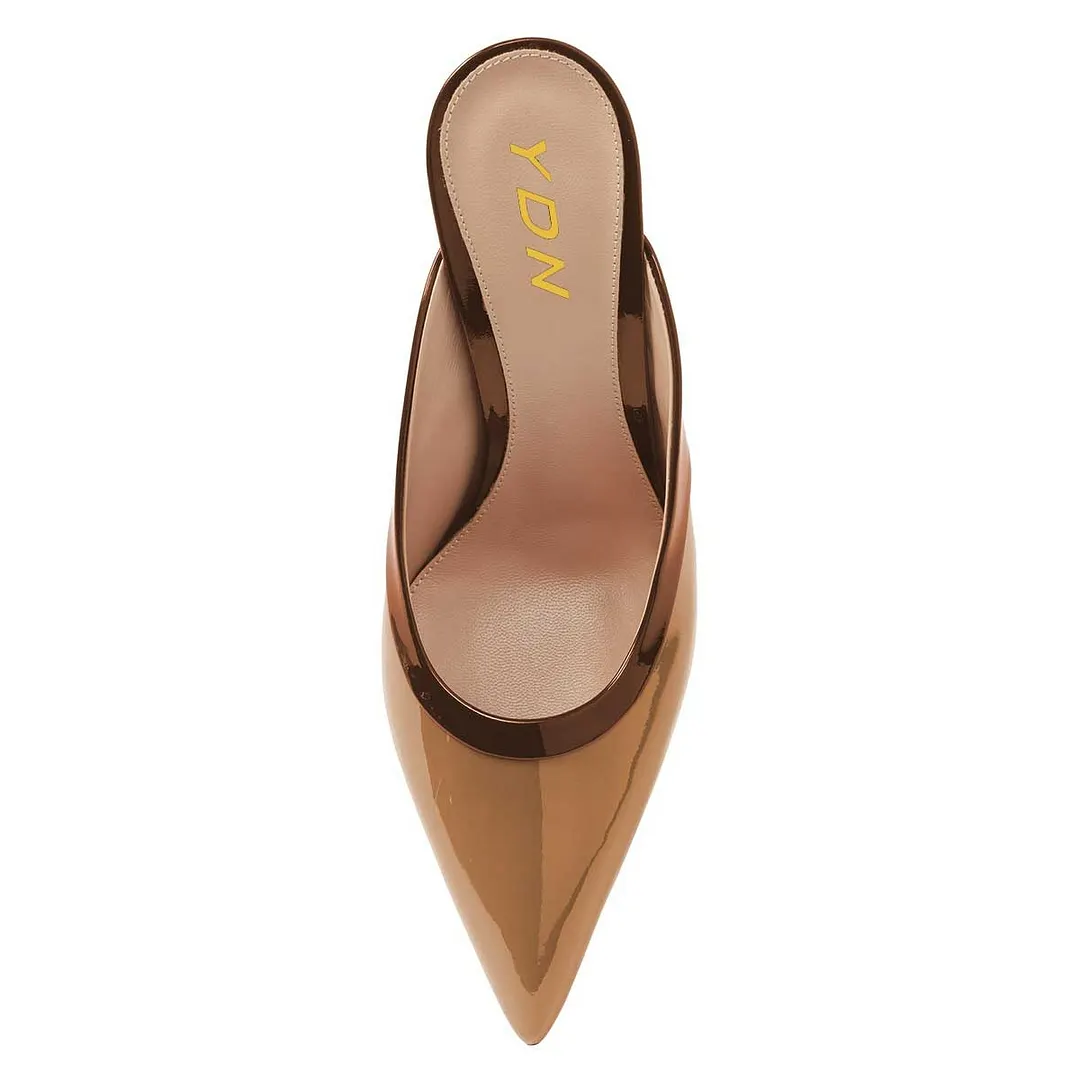 Brown Patent Stiletto Heel Slip-On Mules Shoes with Stiletto Heel