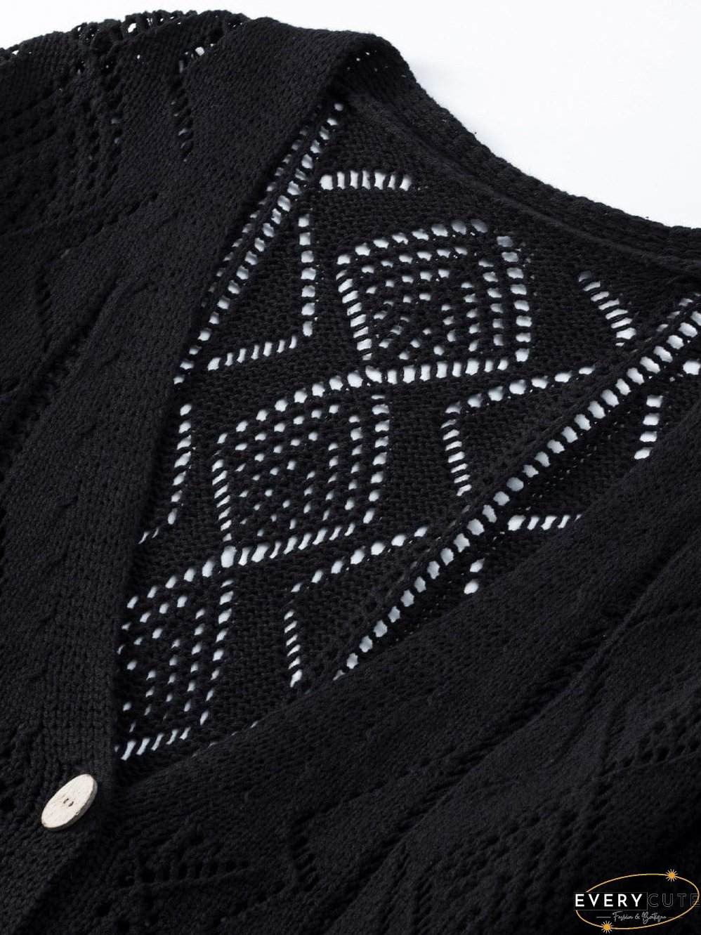Elegant Black Crochet Knit Openwork Cardigan