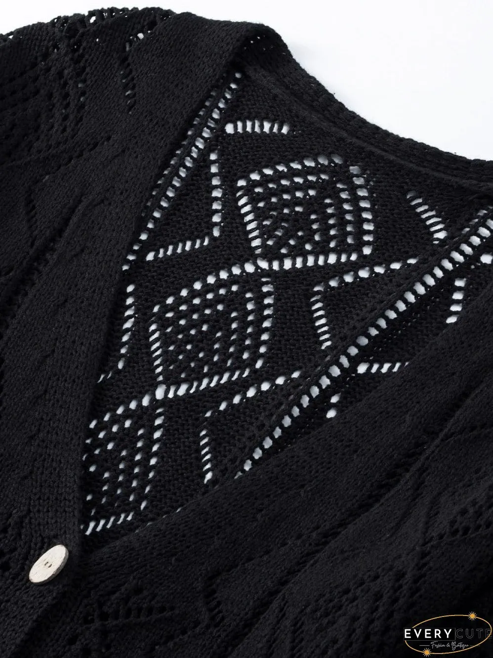 Elegant Black Crochet Knit Openwork Cardigan